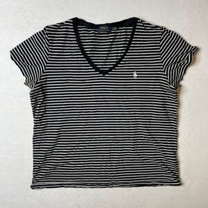 Polo Ralph Lauren‎ Womens Striped V Neck T Shirt Top Black White Size L